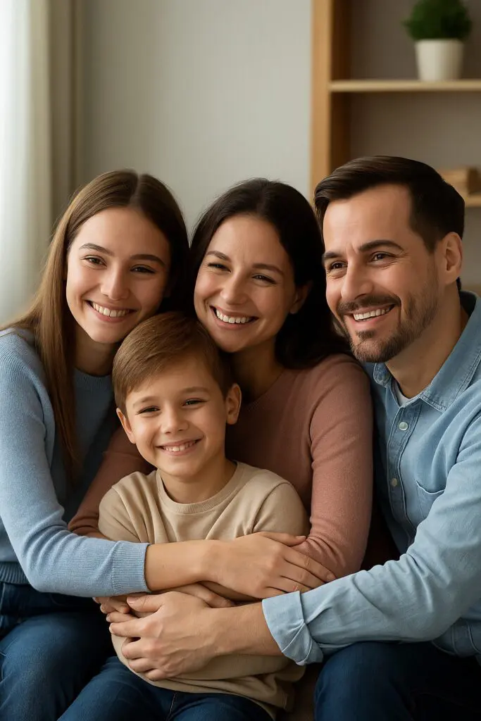 A smiling family of four sits close together on a couch in a bright living room, radiating warmth and unity.