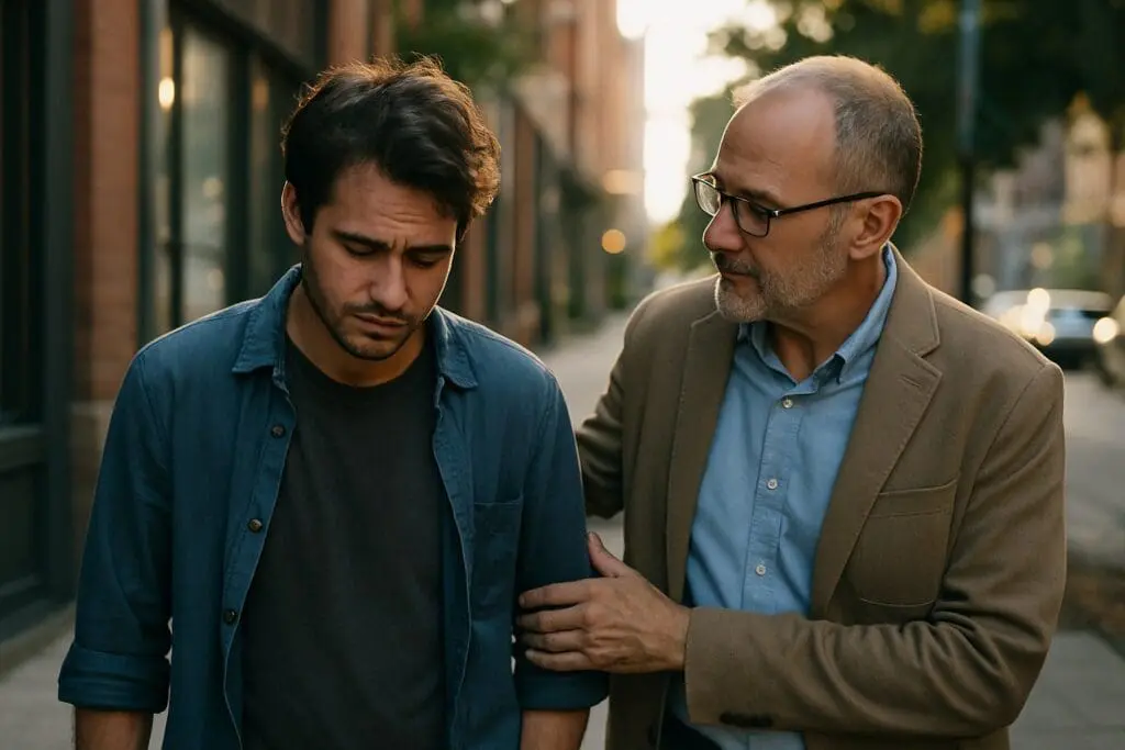 “An older man gently supports a younger man during a reflective walk down a quiet city street, illustrating the compassionate role of a sober companion.”