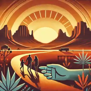 A symbolic representation of intervention services in New Mexico, featuring desert mountains, a winding pathway, and a sunrise symbolizing hope and recovery.