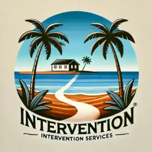 A straightforward representation of intervention services in Hawaii, featuring a Hawaiian beach with palm trees and a path leading to a simple recovery center in the distance, symbolizing guidance and support.
