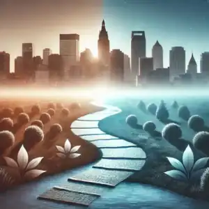 Symbolic representation of intervention services in New Jersey featuring Newark skyline blending into a serene park, symbolizing recovery and hope.