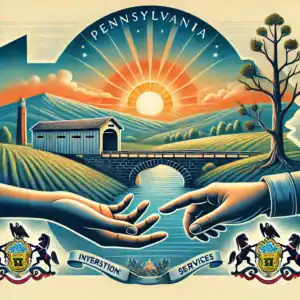 A symbolic illustration representing intervention services in Pennsylvania, featuring rolling hills, a covered bridge, and a sunrise with two hands reaching out for support