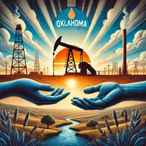 A symbolic illustration of intervention services in Oklahoma, featuring rolling plains, an oil rig in the background, and two hands reaching out to each other under a sunrise symbolizing hope and recovery
