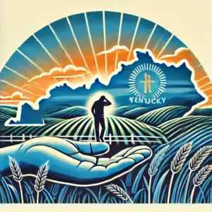 A symbolic illustration of intervention services in Kentucky, featuring a rolling bluegrass landscape, a hand reaching out to help another person, and a sunrise symbolizing hope and recovery.
