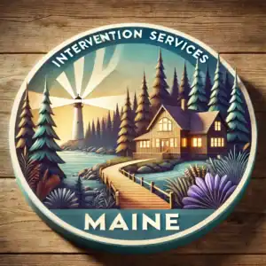 A symbolic representation of intervention services in Maine, featuring a forested landscape, a path to a recovery center, and a lighthouse in the distance symbolizing guidance and hope.