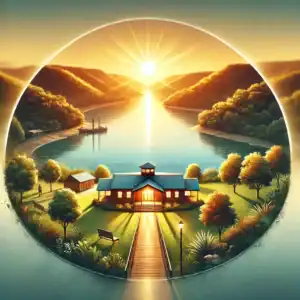 A serene representation of intervention services in Missouri, featuring the Mississippi River, rolling hills, a pathway leading to a recovery center, and a warm sunrise.