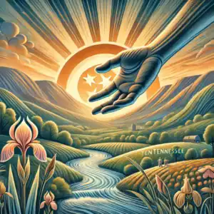 A symbolic illustration of intervention services in Tennessee, featuring rolling hills, a sunrise symbolizing hope, a river flowing through the landscape, and a hand reaching out to another in need.