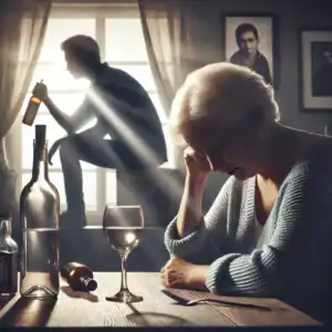 A middle-aged woman sitting at a kitchen table with her head in her hands, an empty wine glass and a photo of her son nearby, while a silhouetted young man holds a bottle in the background. A ray of light streams through the window, symbolizing hope and recovery.