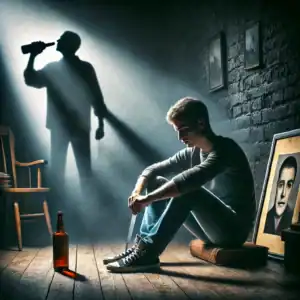 A young man sitting alone in a dimly lit room, holding a worn photo of his father, while the shadowy figure of a man holding a bottle looms in the background. A ray of light pierces the scene, symbolizing hope and recovery.
