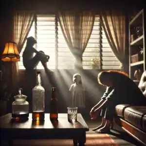 A dimly lit living room showing an empty bottle of alcohol on a table, a woman sitting with her head in her hands, and a young girl looking out the window, symbolizing the struggles of a family affected by alcoholism and a glimmer of hope.