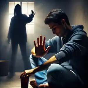 A symbolic image of a person struggling with addiction, sitting alone in a dimly lit environment with a distressed expression. Their hand is raised in a ‘stop’ gesture, rejecting the helping hand extended toward them, symbolizing resistance to recovery and fear of uncomfortable solutions.