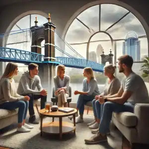 A compassionate image of a Cincinnati interventionist leading a family intervention in a supportive living room, with the Cincinnati skyline and John A. Roebling Suspension Bridge visible in the background.