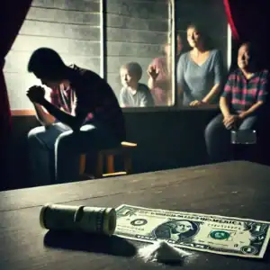 A symbolic image of a person sitting alone in a dimly lit room, looking depressed with a rolled-up dollar bill on the table, while a concerned family watches through the window planning a intervention for cocaine