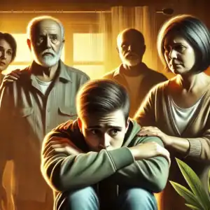 A symbolic image of a concerned family surrounding an anxious individual struggling with paranoia on crystal meth in a supportive living room, highlighting themes of compassion, support, and hope.