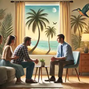 A professional Florida interventionist guiding a family in a supportive living room with palm trees and coastal elements in the background, symbolizing hope and recovery.