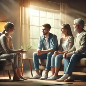 A highly photorealistic image of a supportive family sitting together with a recovery coach in a calm, well-lit living room. The coach is providing guidance, while the family members look attentive and hopeful, symbolizing healing, improved communication, and emotional support in addiction recovery.