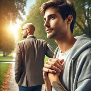 A highly photorealistic image of a sober companion walking alongside a person in recovery in a peaceful outdoor setting. The companion provides support and guidance, while the recovering individual looks forward with hope, symbolizing structure and accountability in early sobriety.
