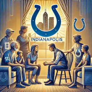 A symbolic image of an intervention in Indianapolis, featuring a caring interventionist with a diverse family group in a warm living room, with subtle nods to Indianapolis like a skyline view and Colts logo.