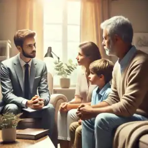 A professional interventionist meeting with a family in a warm living room, guiding them through an emotional conversation, symbolizing support and recovery.