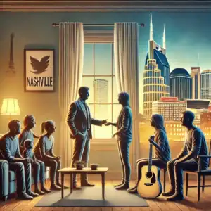 A symbolic image of a Nashville intervention, featuring a professional guiding a family in a warm living room with Nashville-themed decor, such as a city skyline view and a guitar on the wall, symbolizing unity and recovery.