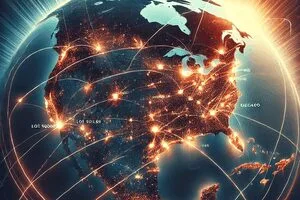 A nighttime view of the United States with major cities illuminated and travel arcs representing nationwide intervention services and support.