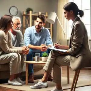 A professional interventionist guiding a family intervention in a calm living room setting.