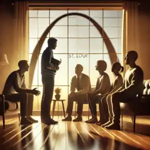 A professional image of a St. Louis interventionist leading a discussion with a concerned family in a warm living room, with the Gateway Arch visible through the window, symbolizing hope and recovery.