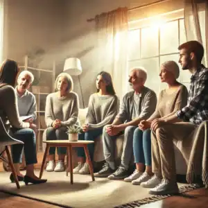 A serene and compassionate setting for an intervention, featuring a diverse group of family members sitting together in a cozy living room with natural light, guided by a professional interventionist.