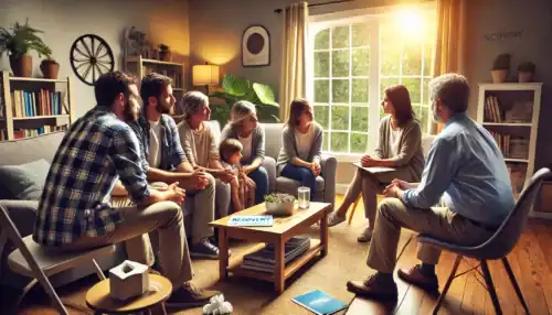 A compassionate intervention scene in a Michigan home, where a family gathers with a professional interventionist to support a loved one struggling with addiction.