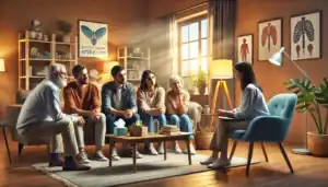 A diverse family engaged in a heartfelt intervention guided by a professional interventionist in a warm, supportive living room setting.