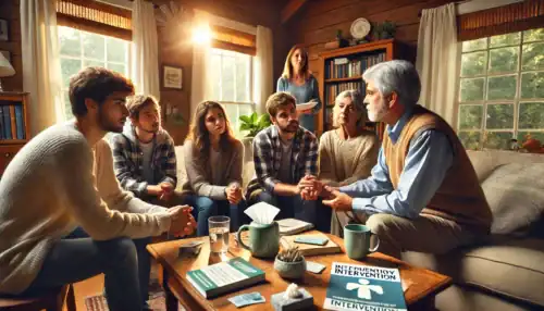A professional intervention taking place in a Maine home, where a family and an interventionist guide a loved one toward addiction recovery.