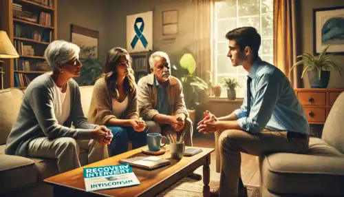 A professional intervention taking place in a Wisconsin home, where a family and an interventionist work together to support a loved one struggling with addiction.