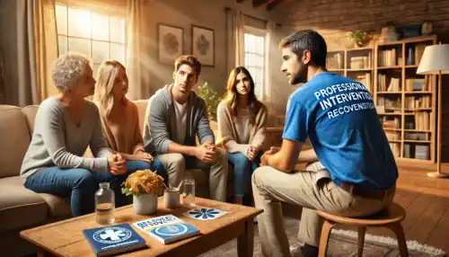 A professional intervention taking place in an Ohio home, where a diverse family and an interventionist support a loved one struggling with addiction.