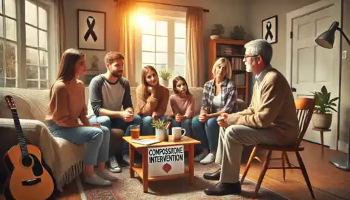 A professional intervention taking place in an Arkansas home, where a family and an interventionist guide a loved one toward addiction recovery.