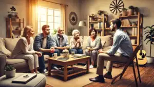 A professional intervention taking place in an Alabama home, where a family and an interventionist work together to support a loved one struggling with addiction.