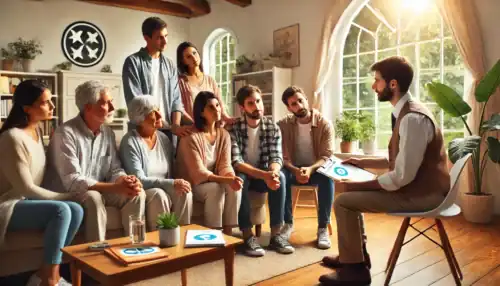 A professional intervention taking place in a Tennessee home, where a family and an interventionist support a loved one struggling with addiction.