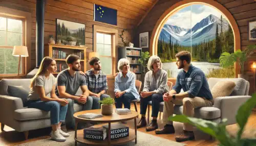 A professional intervention taking place in an Alaska home, where a family and an interventionist support a loved one struggling with addiction and mental health challenges.