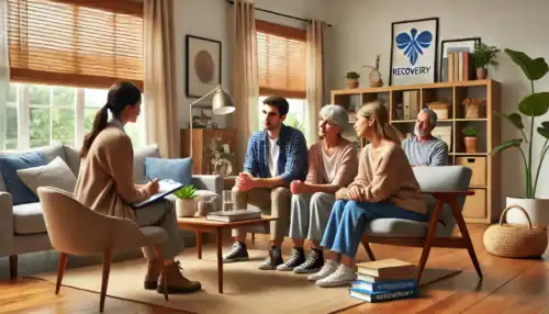 A professional intervention taking place in an Austin home, where a family and an interventionist support a loved one struggling with addiction and mental health challenges.