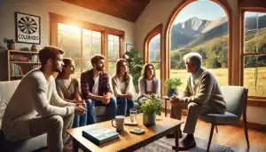 A professional intervention taking place in a Colorado home, where a family and an interventionist support a loved one struggling with addiction and mental health issues.
