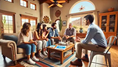 A professional intervention taking place in an Arizona home, where a family and an interventionist support a loved one struggling with addiction and mental health challenges.