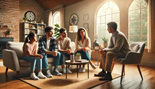 A professional intervention taking place in a Kansas home, where a family and an interventionist support a loved one struggling with addiction and mental health challenges.