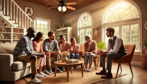 A professional intervention taking place in a Georgia home, where a family and an interventionist support a loved one struggling with addiction and mental health challenges