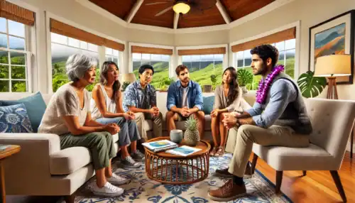 A professional intervention taking place in a Hawaii home, where a family and an interventionist support a loved one struggling with addiction and mental health challenges