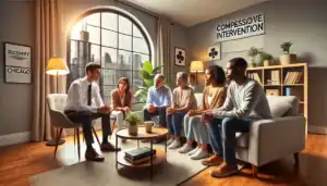 A professional intervention taking place in an Illinois home, where a family and an interventionist support a loved one struggling with addiction and mental health challenges.