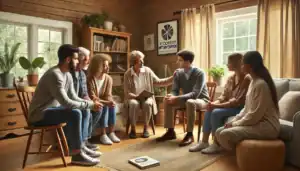 A professional intervention taking place in a Connecticut home, where a family and an interventionist guide a loved one toward addiction recovery.
