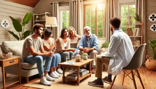 A professional intervention taking place in a Florida home, where a family and an interventionist support a loved one struggling with addiction and mental health challenges.