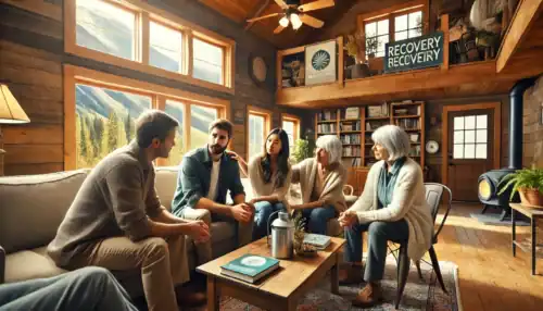 A professional intervention taking place in an Idaho home, where a family and an interventionist support a loved one struggling with addiction and mental health challenges.