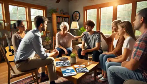 A professional intervention taking place in an Iowa home, where a family and an interventionist support a loved one struggling with addiction and mental health challenges.