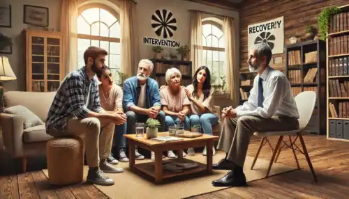 A professional intervention taking place in a Louisiana home, where a family and an interventionist support a loved one struggling with addiction and mental health challenges.