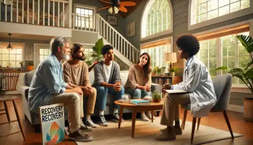 A professional intervention taking place in a Maryland home, where a family and an interventionist support a loved one struggling with addiction and mental health challenges.